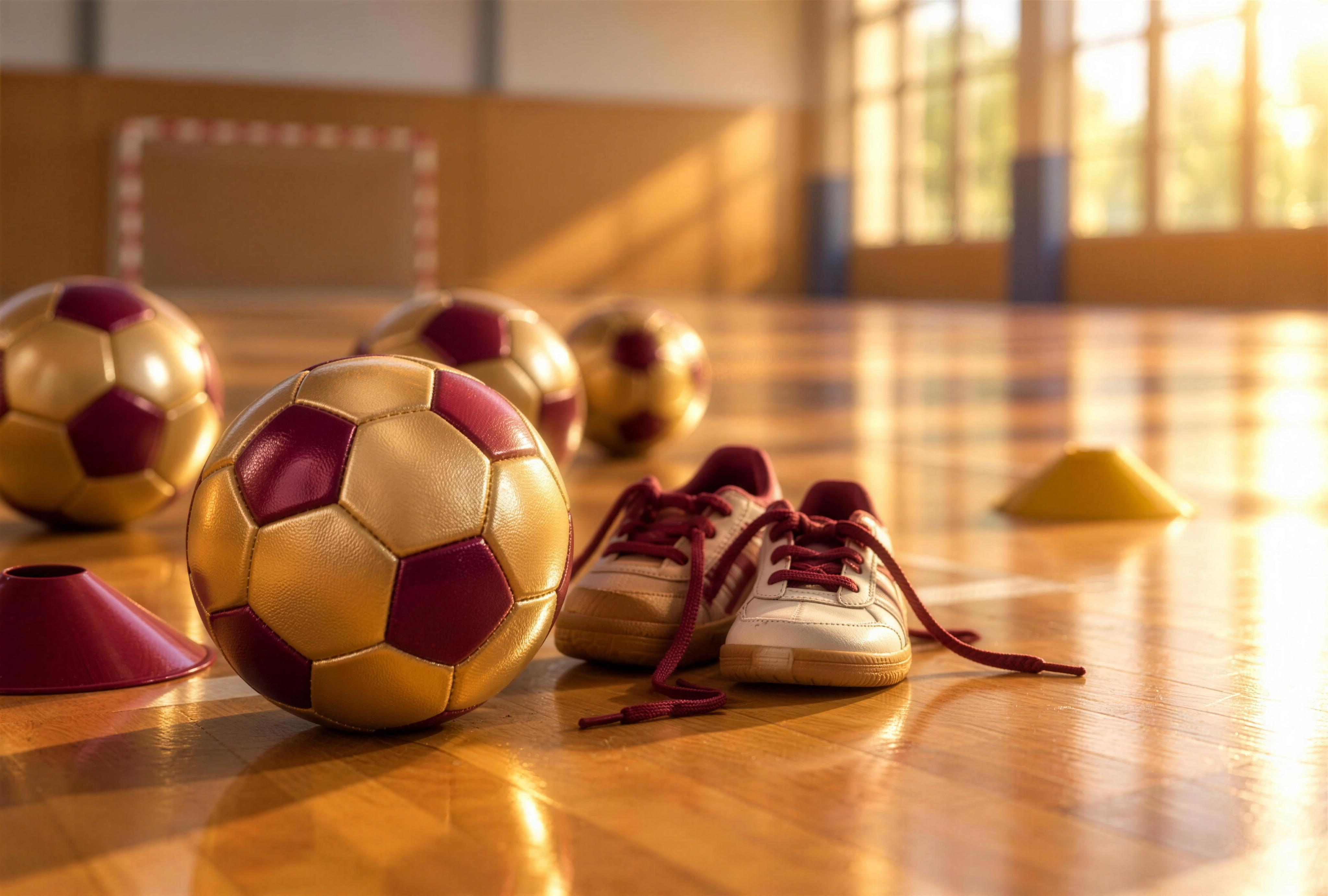 Pilotes petites de futbol sala i unes sabatilles infantils sobre la pista d'un pavelló